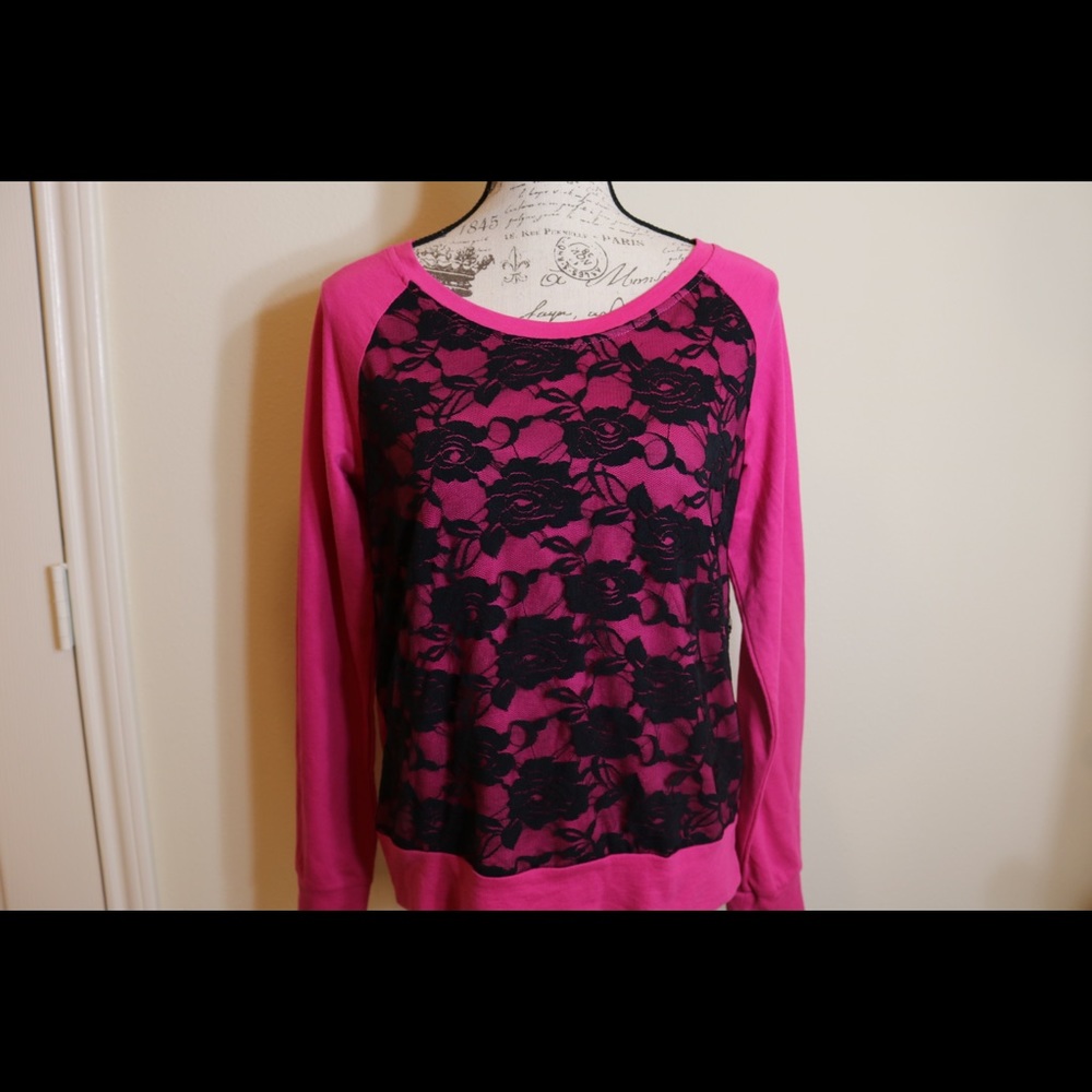 New w Tags Bongo pink black lace long slv sweater